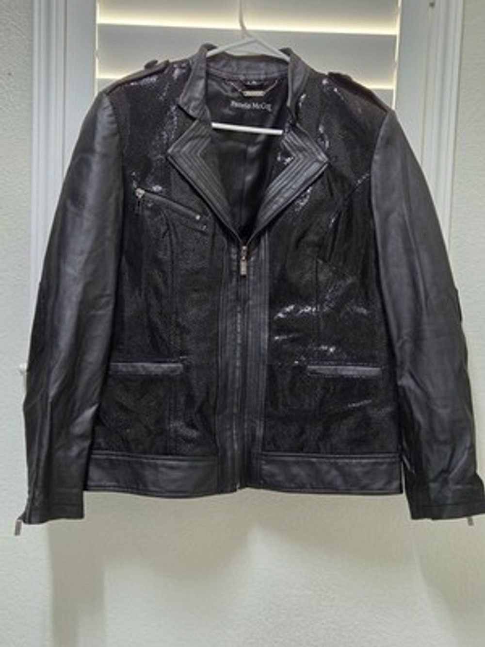 Pamela McCoy Genuine Leather Jacket Black Textured Moto Zip Women's M
